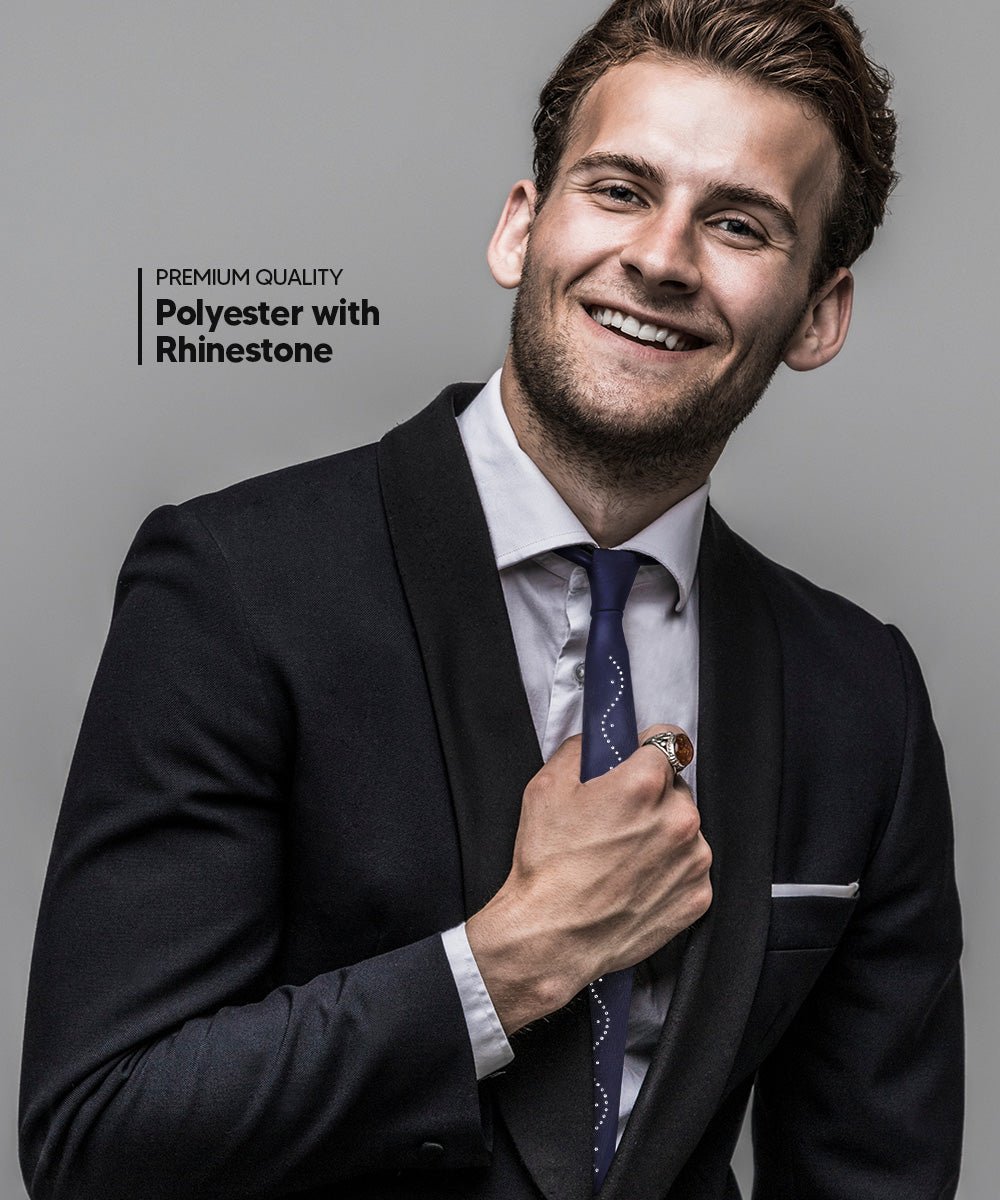 Vittorio Farina Men's Satin Skinny Necktie with Rhinestones - N - SKINNY - R_NAVY - Classy Cufflinks