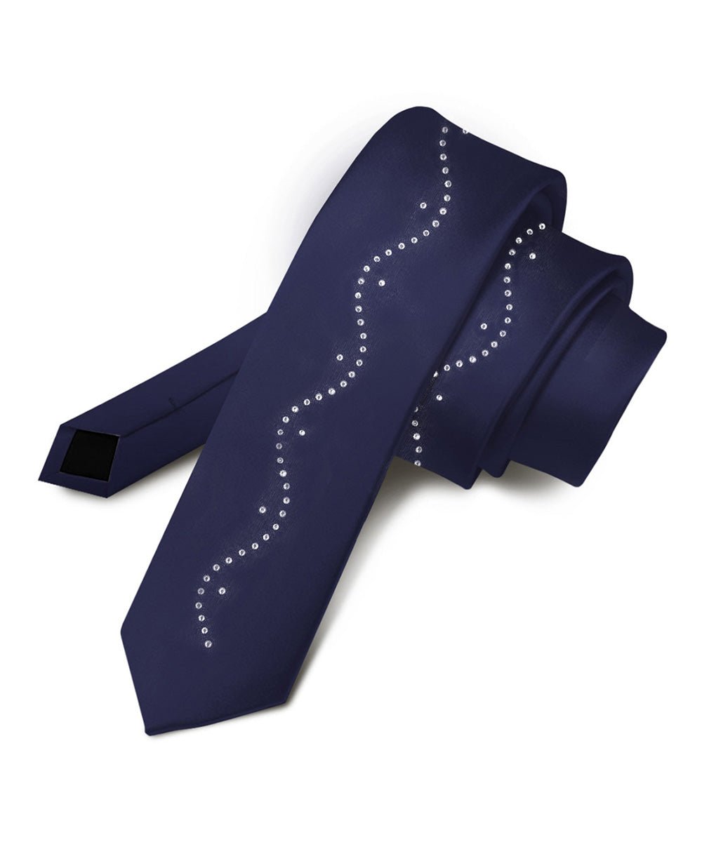 Vittorio Farina Men's Satin Skinny Necktie with Rhinestones - N - SKINNY - R_NAVY - Classy Cufflinks