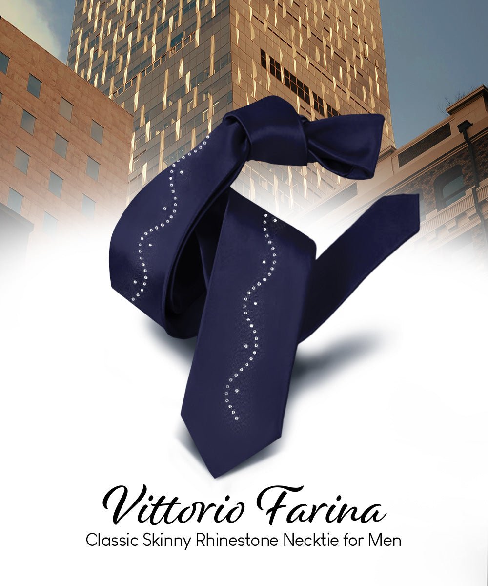 Vittorio Farina Men's Satin Skinny Necktie with Rhinestones - N - SKINNY - R_NAVY - Classy Cufflinks