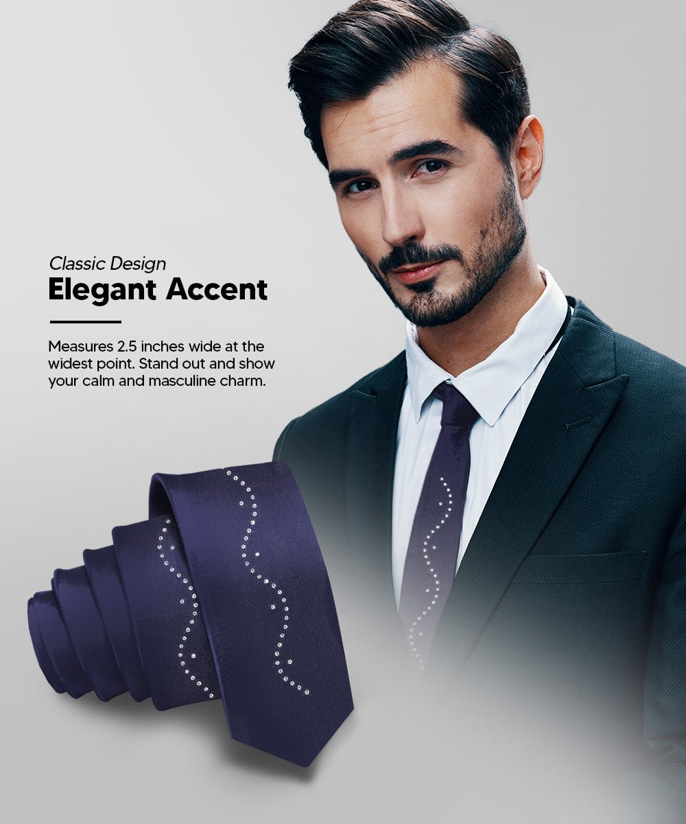 Vittorio Farina Men's Satin Skinny Necktie with Rhinestones - N - SKINNY - R_NAVY - Classy Cufflinks