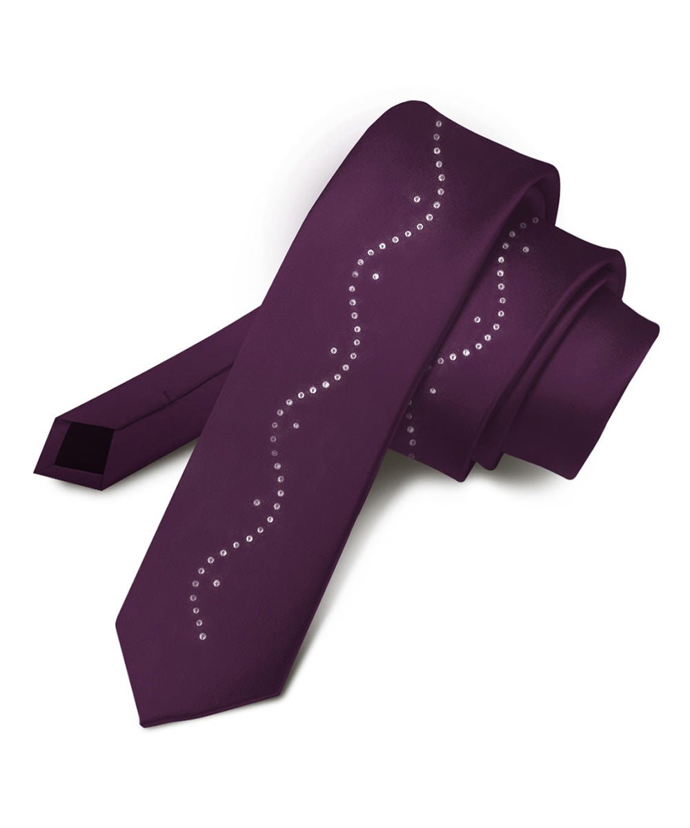 Vittorio Farina Men's Satin Skinny Necktie with Rhinestones - N - SKINNY - R_PLUM - Classy Cufflinks