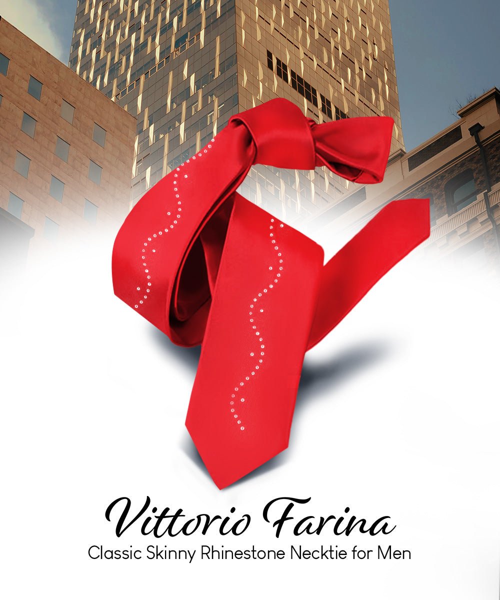 Vittorio Farina Men's Satin Skinny Necktie with Rhinestones - N - SKINNY - R_RED - Classy Cufflinks