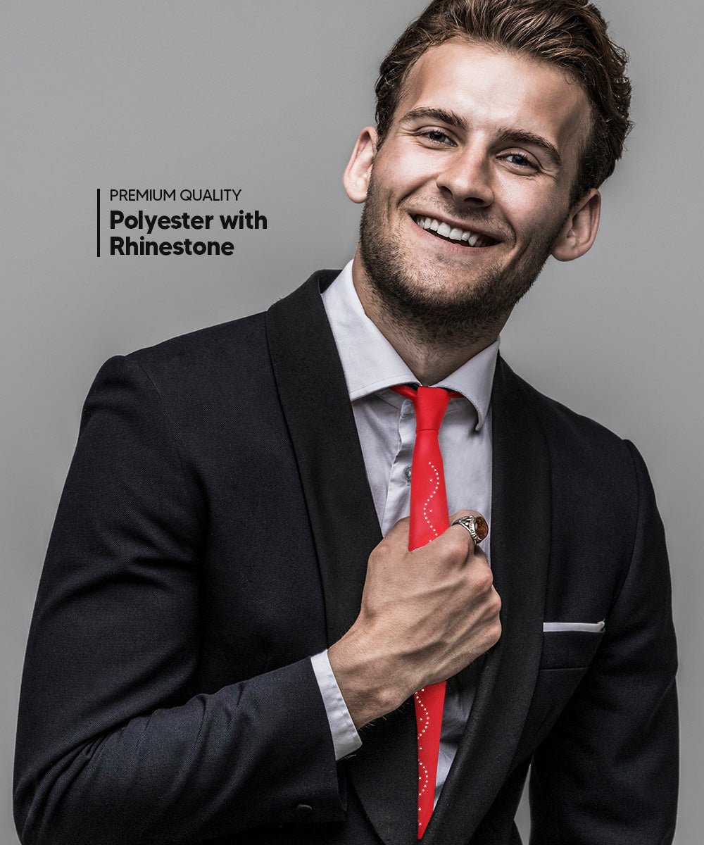 Vittorio Farina Men's Satin Skinny Necktie with Rhinestones - N - SKINNY - R_RED - Classy Cufflinks