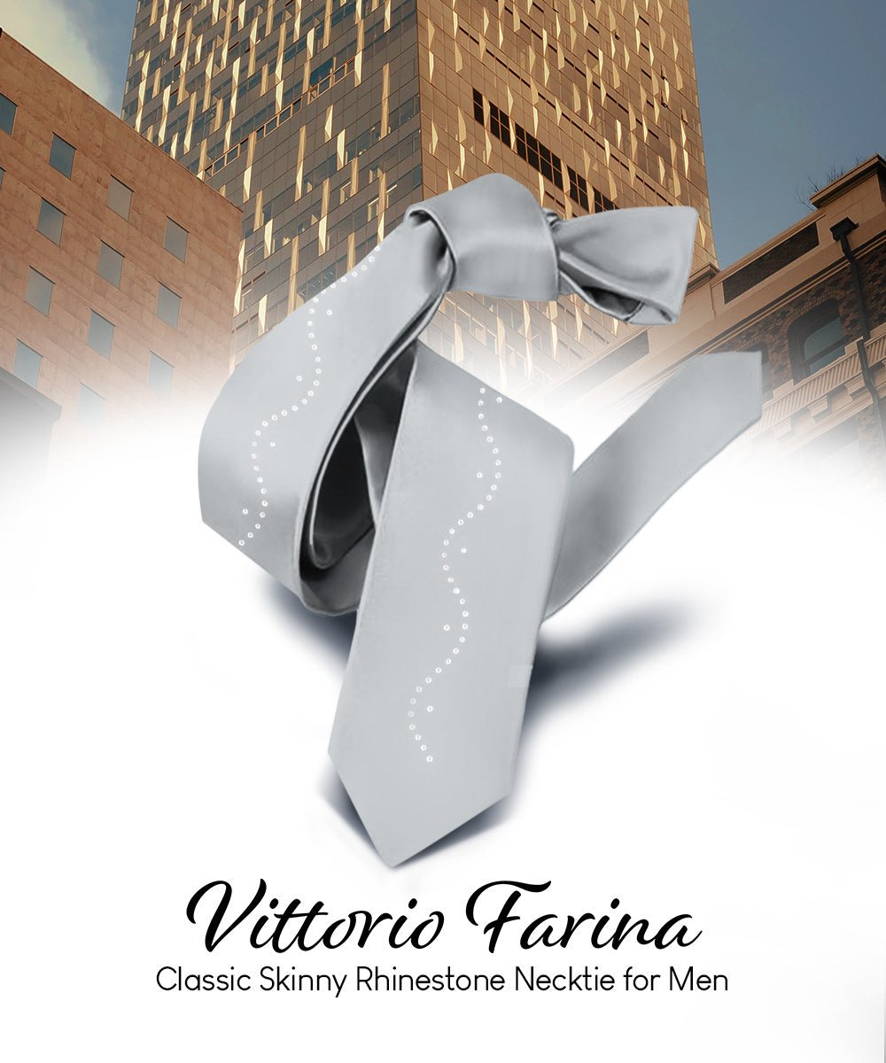 Vittorio Farina Men's Satin Skinny Necktie with Rhinestones - N - SKINNY - R_SILVER - Classy Cufflinks