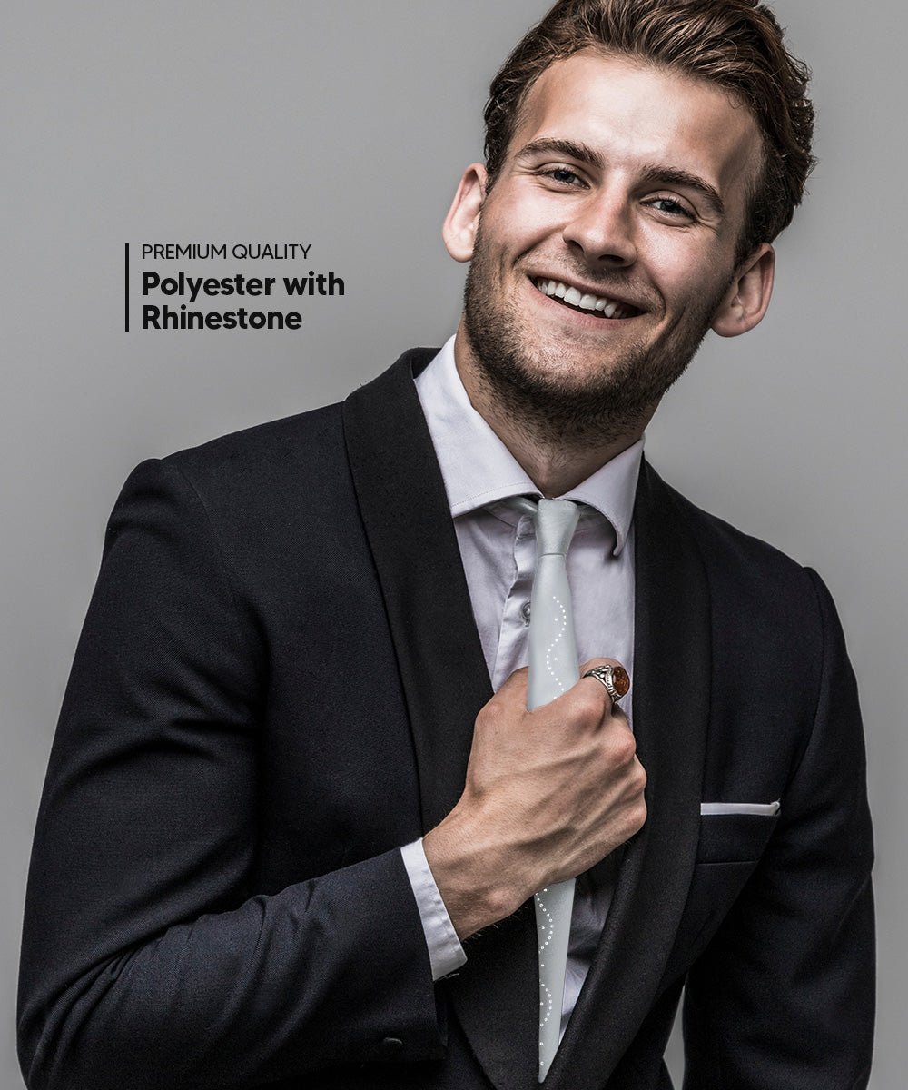 Vittorio Farina Men's Satin Skinny Necktie with Rhinestones - N - SKINNY - R_SILVER - Classy Cufflinks