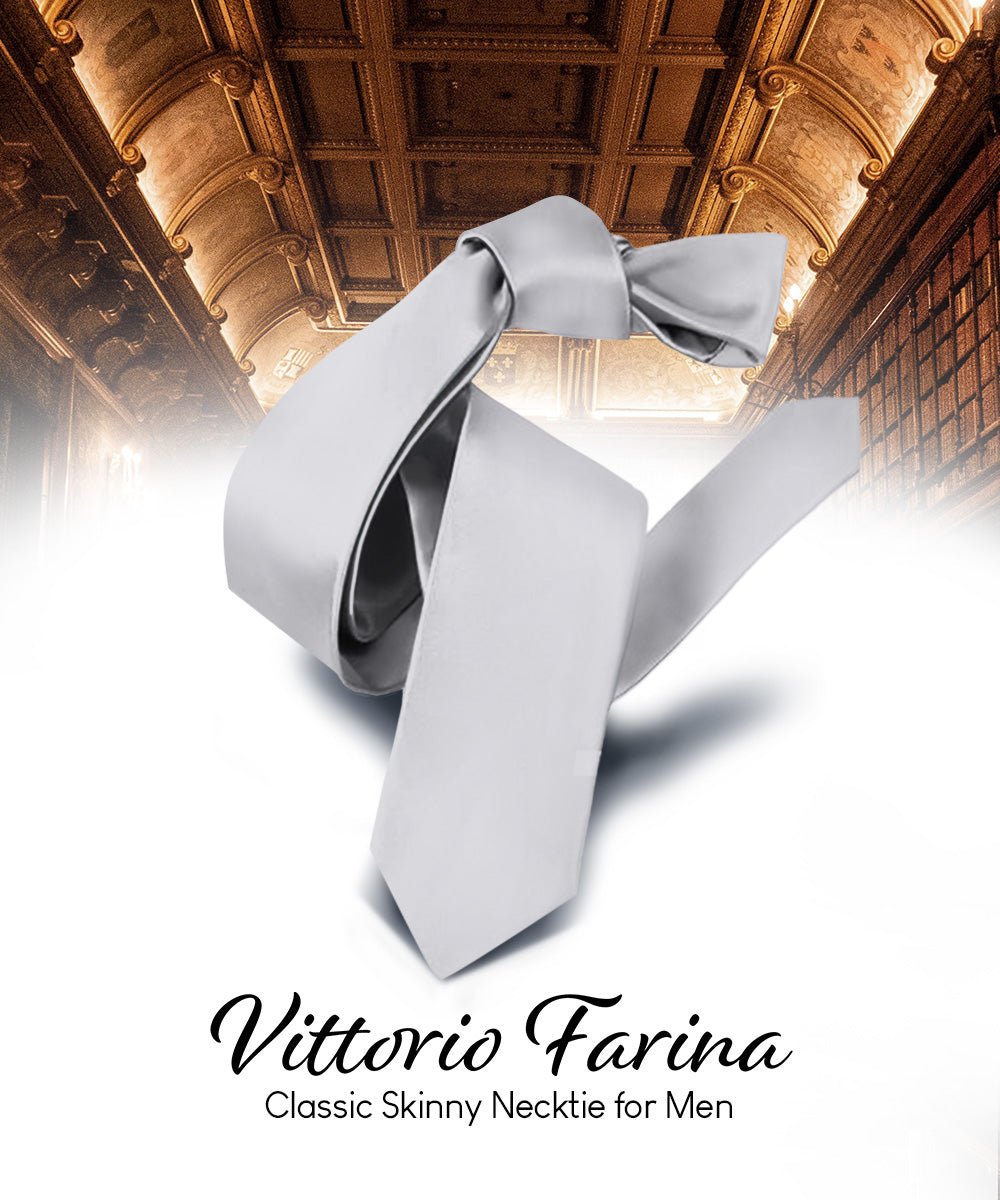 Vittorio Farina Men's Satin Skinny Necktie - N - SKINNY_SILVER - Classy Cufflinks
