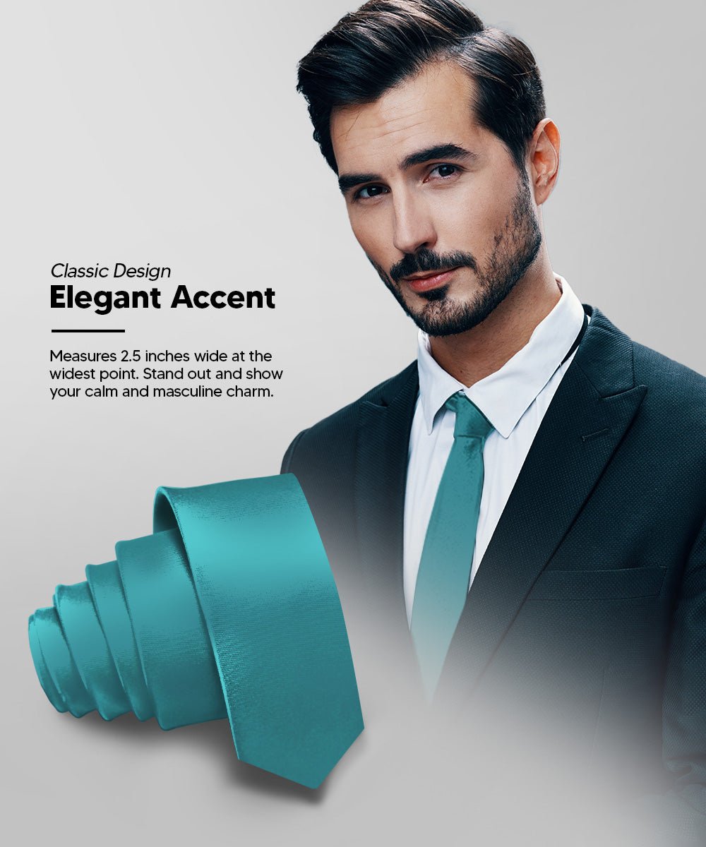 Vittorio Farina Men's Satin Skinny Necktie - N - SKINNY_TEAL - Classy Cufflinks