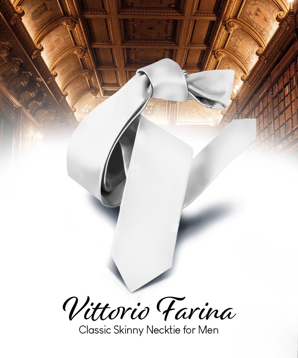 Vittorio Farina Men's Satin Skinny Necktie - N - SKINNY_WHITE - Classy Cufflinks
