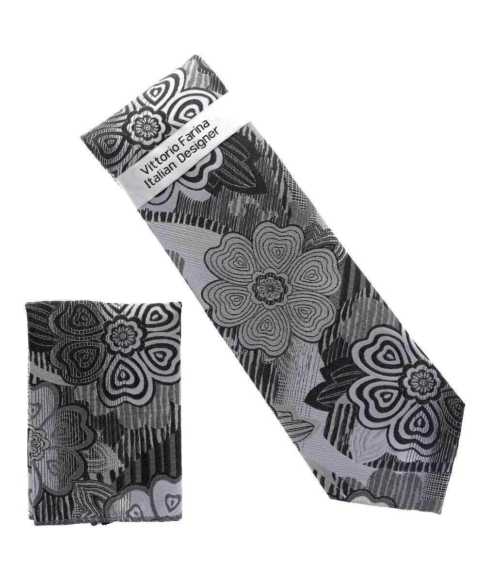 Vittorio Farina Men's Floral Design Necktie &amp; Pocket Square - NH-D-1362 - Classy Cufflinks