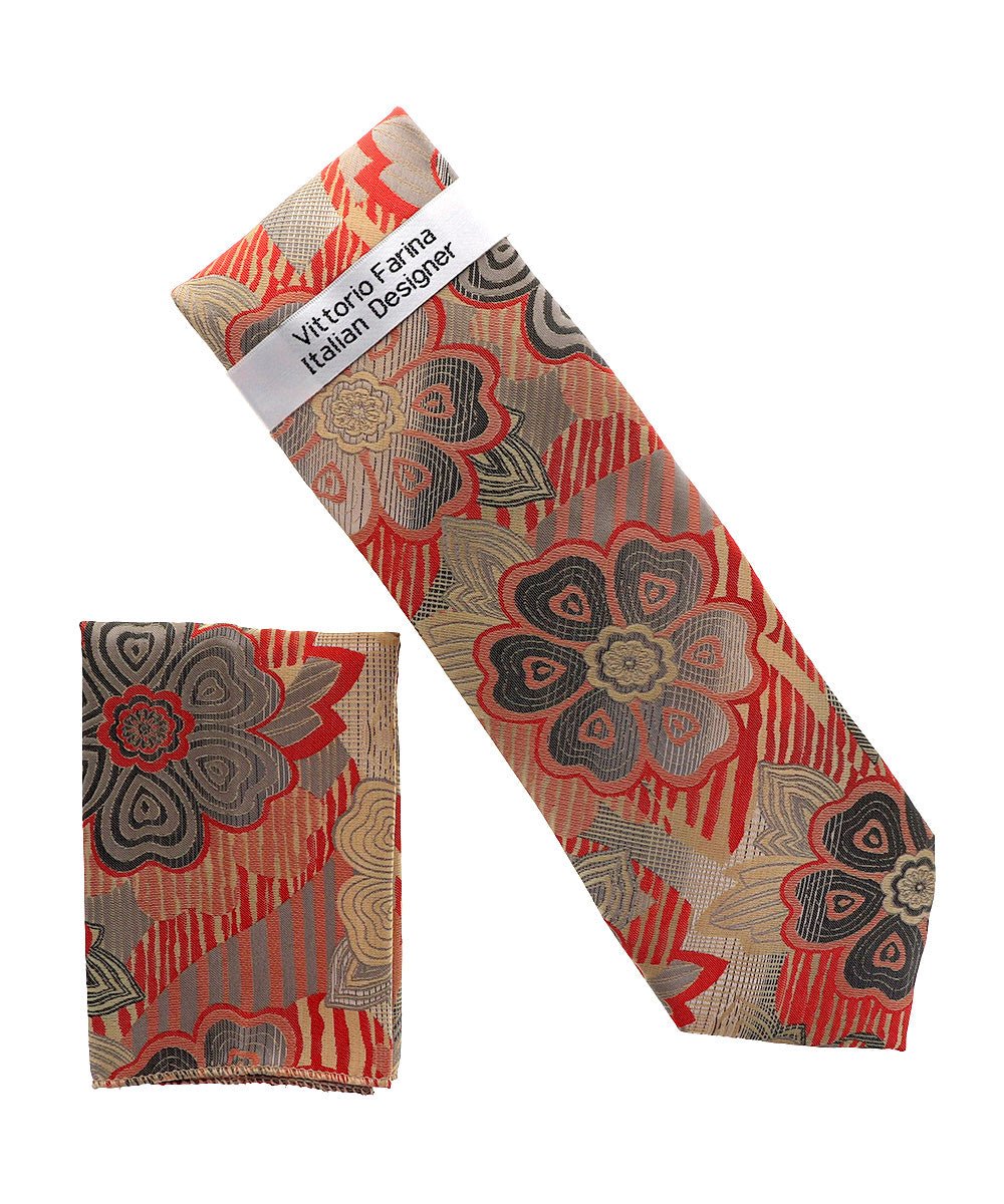 Vittorio Farina Men's Floral Design Necktie &amp; Pocket Square - NH-D-1362 - Classy Cufflinks