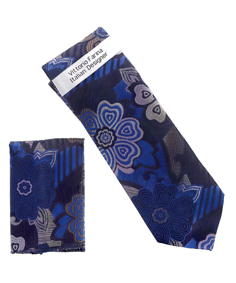 Vittorio Farina Men's Floral Design Necktie &amp; Pocket Square - NH-D-1362 - Classy Cufflinks