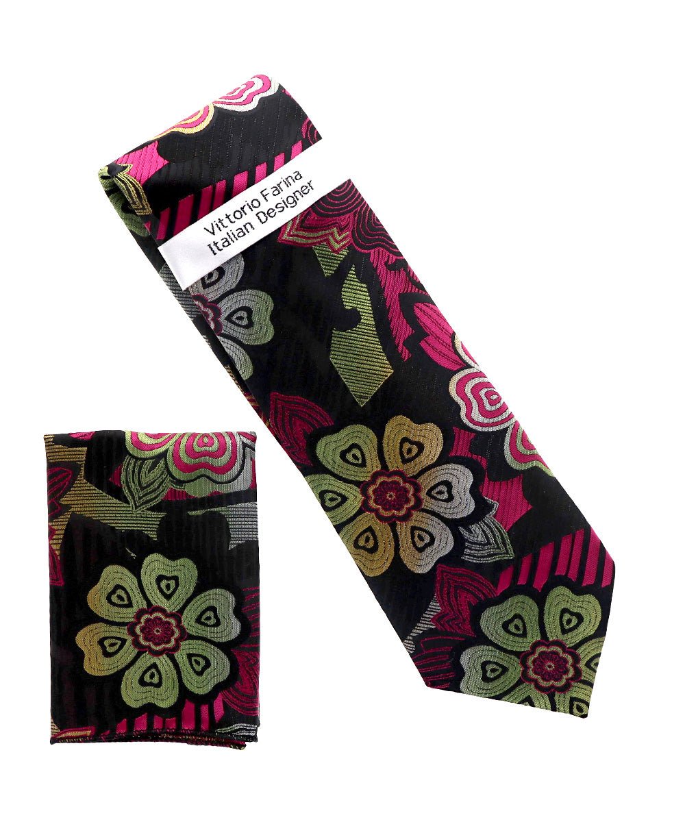 Vittorio Farina Men's Floral Design Necktie &amp; Pocket Square - NH-D-1362 - Classy Cufflinks