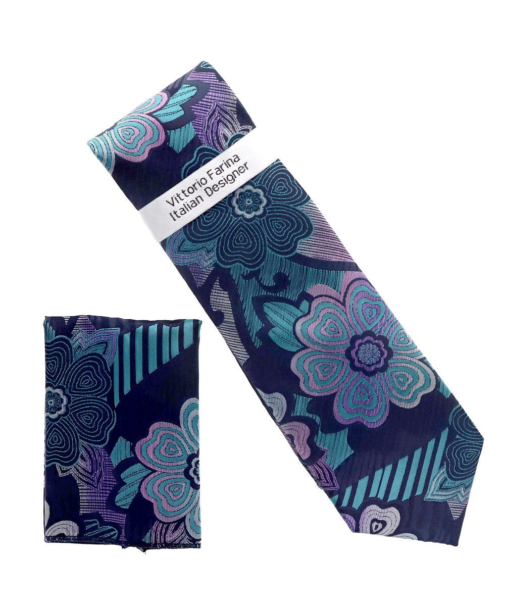 Vittorio Farina Men's Floral Design Necktie &amp; Pocket Square - NH-D-1362 - Classy Cufflinks