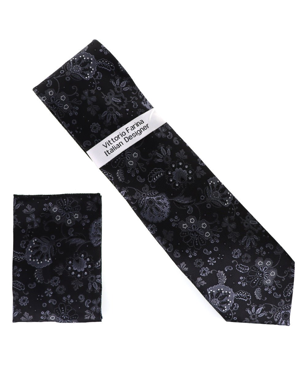 Vittorio Farina Floral Designer Necktie &amp; Pocket Square - NH - D - 1385 - Classy Cufflinks