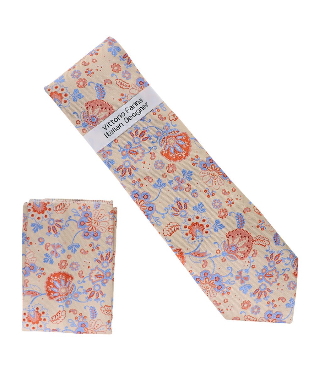 Vittorio Farina Floral Designer Necktie &amp; Pocket Square - NH - D - 1386 - Classy Cufflinks