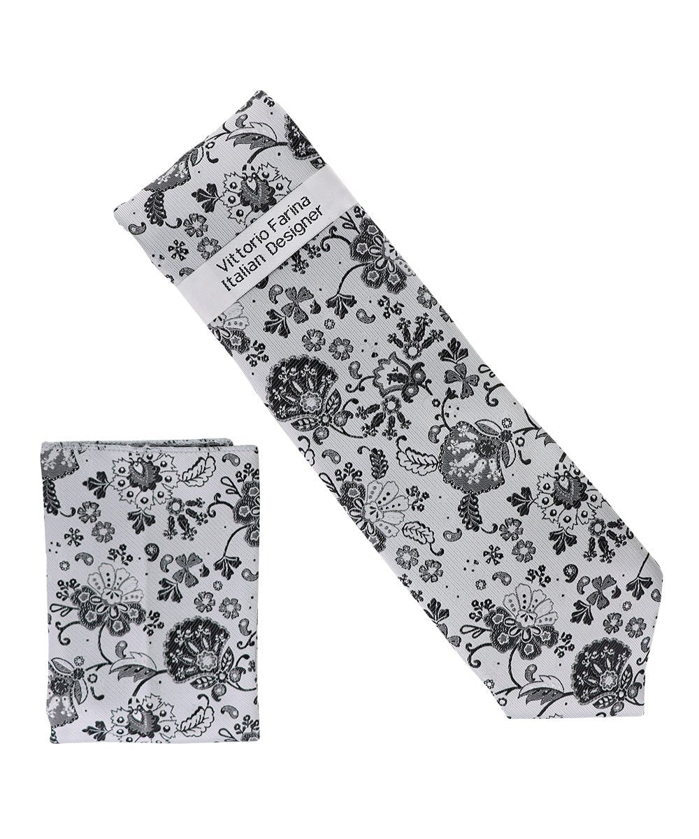 Vittorio Farina Floral Designer Necktie &amp; Pocket Square - NH - D - 1387 - Classy Cufflinks