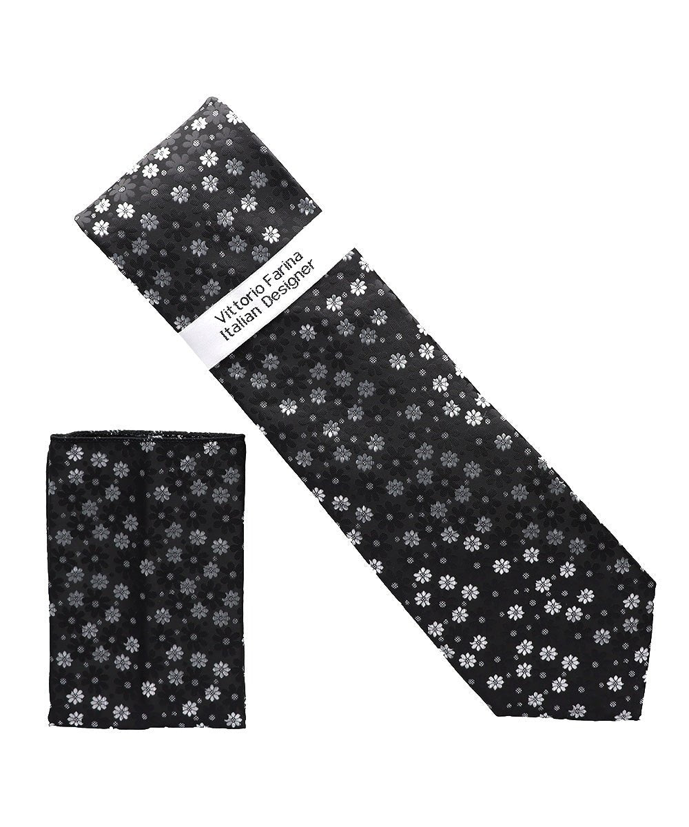 Vittorio Farina Floral Designer Necktie &amp; Pocket Square - NH - D - 1403 - Classy Cufflinks