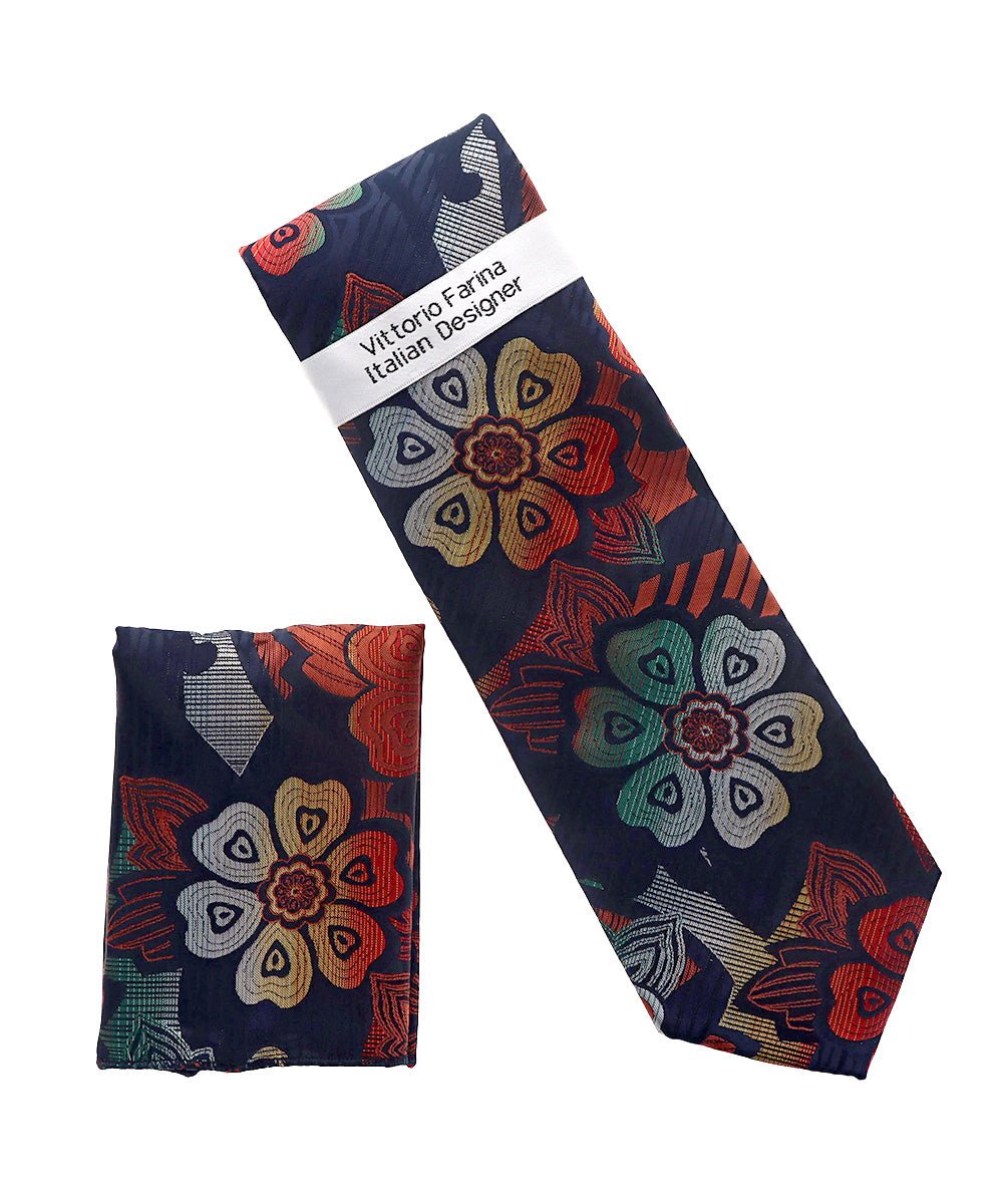 Vittorio Farina Men's Floral Design Necktie &amp; Pocket Square - NH-D_1479 - Classy Cufflinks