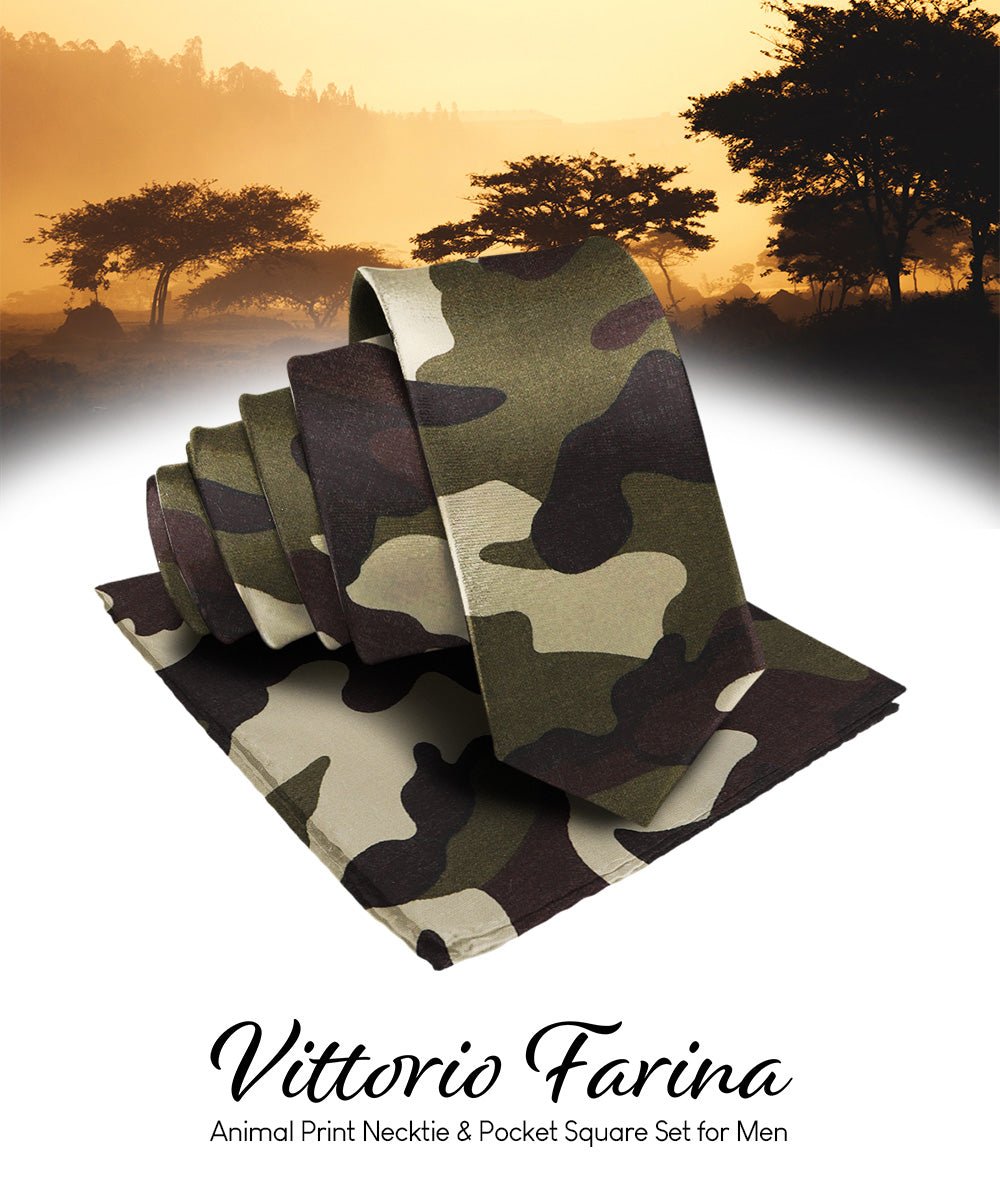 Vittorio Farina Men's Kente Satin Necktie &amp; Pocket Square - NH - K_Camo - Classy Cufflinks