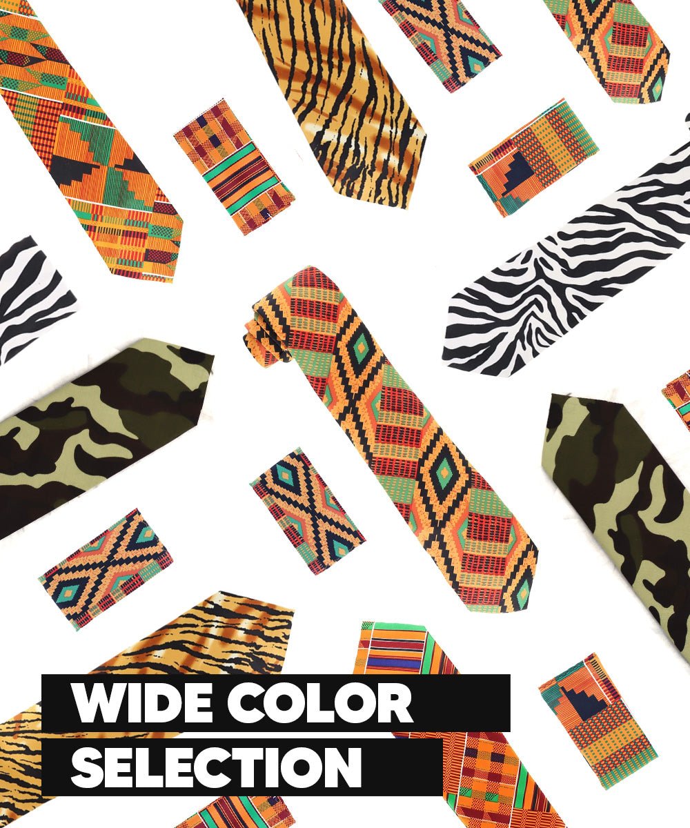 Vittorio Farina Men's Kente Satin Necktie &amp; Pocket Square - NH - K_Camo - Classy Cufflinks