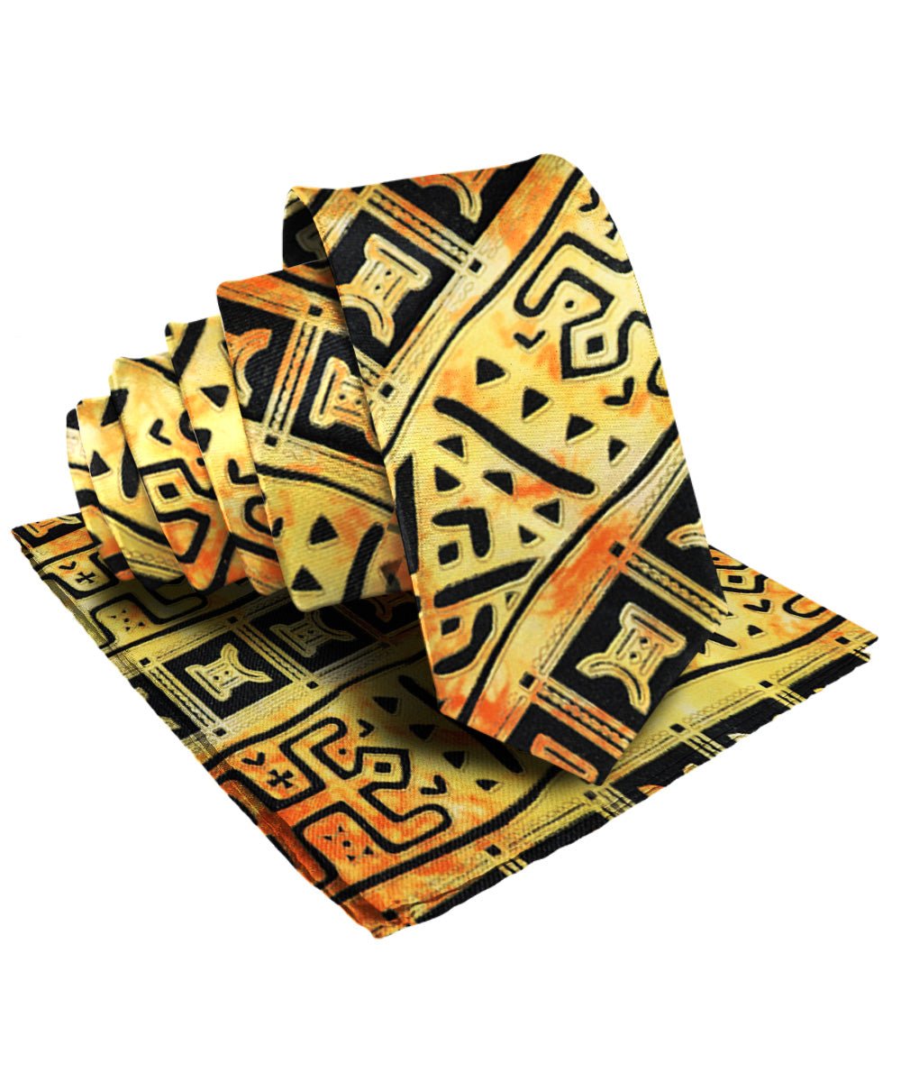 Vittorio Farina Men's Kente Satin Necktie &amp; Pocket Square - NH - K_Kente 4 - Classy Cufflinks