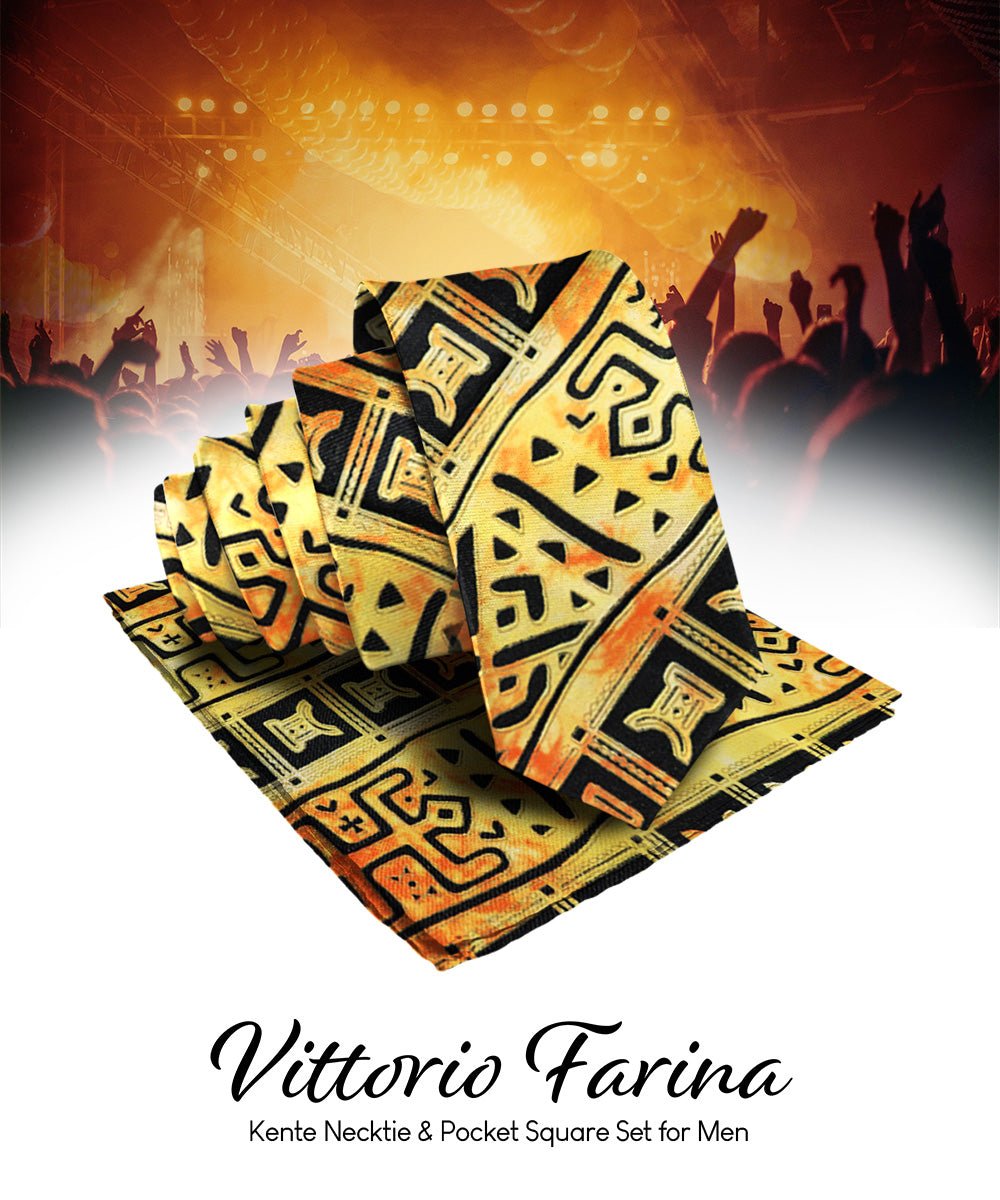 Vittorio Farina Men's Kente Satin Necktie &amp; Pocket Square - NH - K_Kente 4 - Classy Cufflinks