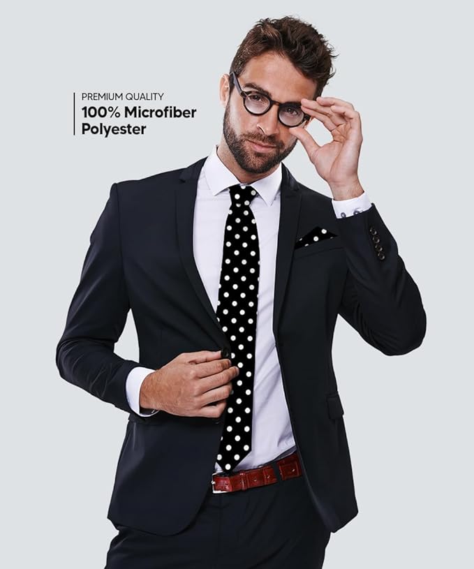 Vittorio Farina Polka Dot Necktie &amp; Pocket Square - NH-PD_05_WHITE_BLACK - Classy Cufflinks