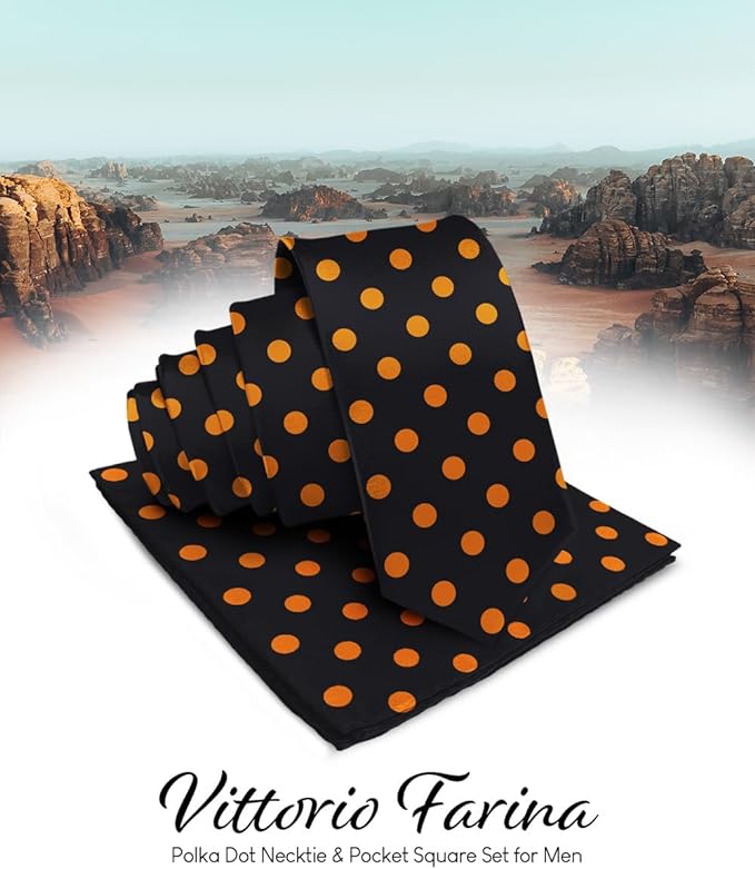Vittorio Farina Polka Dot Necktie &amp; Pocket Square - NH-PD_10_GOLD_BLACK - Classy Cufflinks