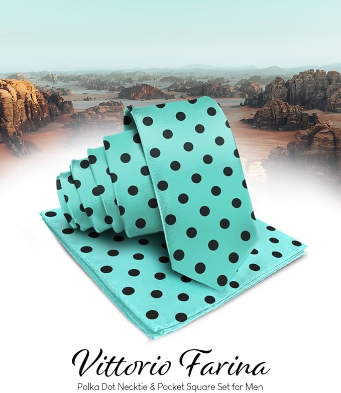 Vittorio Farina Polka Dot Necktie &amp; Pocket Square - NH-PD_17_BLACK_AQUA - Classy Cufflinks