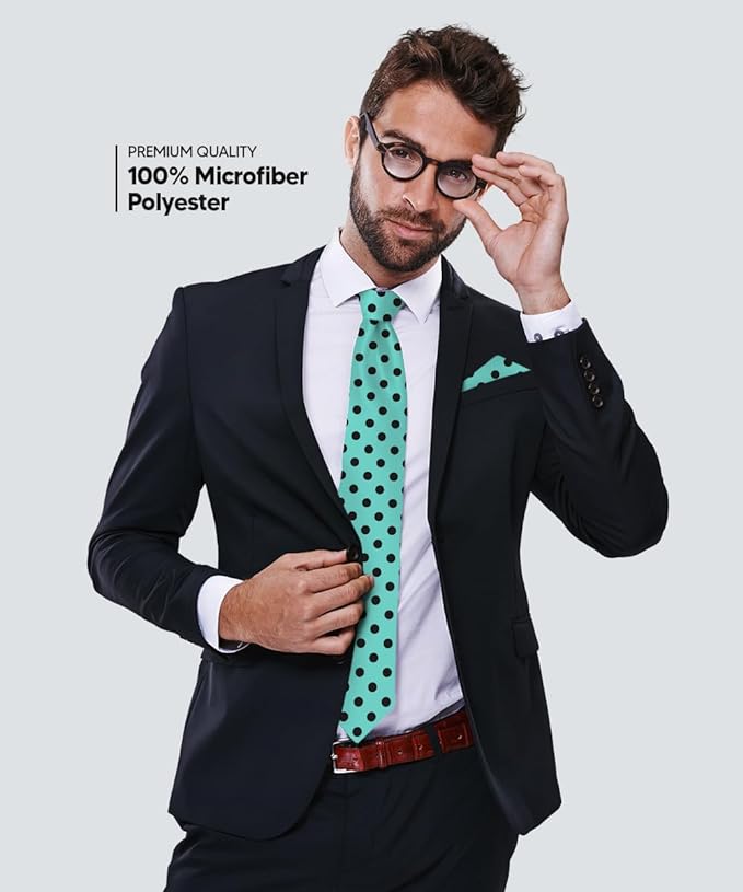 Vittorio Farina Polka Dot Necktie &amp; Pocket Square - NH-PD_17_BLACK_AQUA - Classy Cufflinks