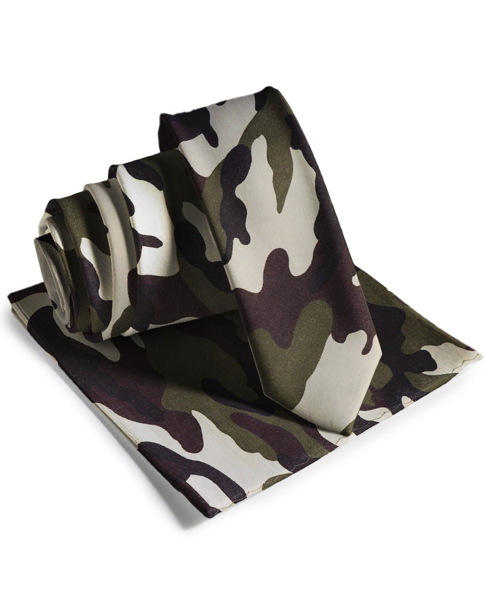 Vittorio Farina Men's Kente Satin Necktie &amp; Pocket Square - NH - SKINNY - K_Camo - Classy Cufflinks