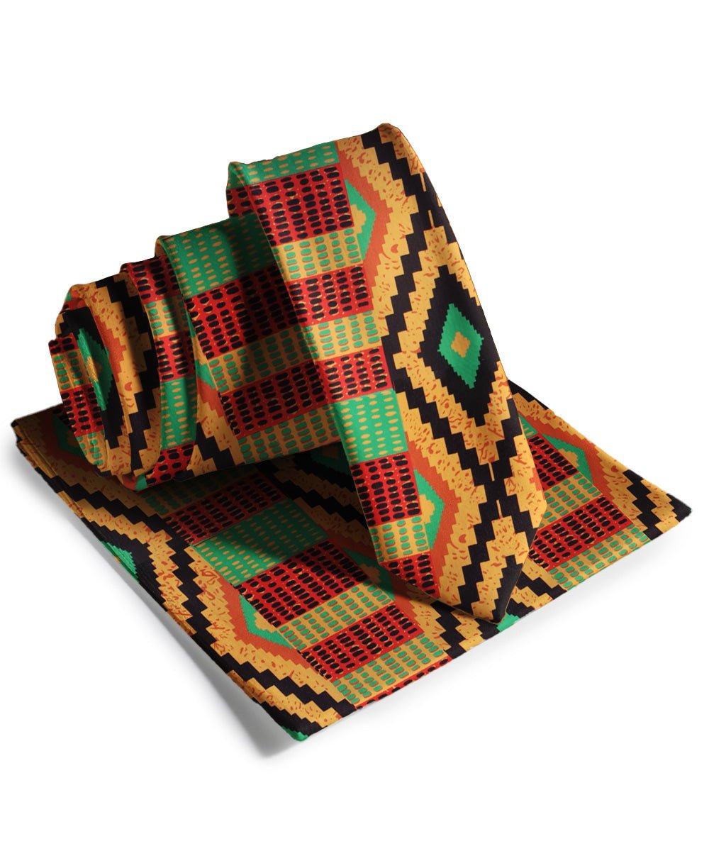 Vittorio Farina Men's Kente Satin Necktie &amp; Pocket Square - NH - SKINNY - K_Kente 2 - Classy Cufflinks