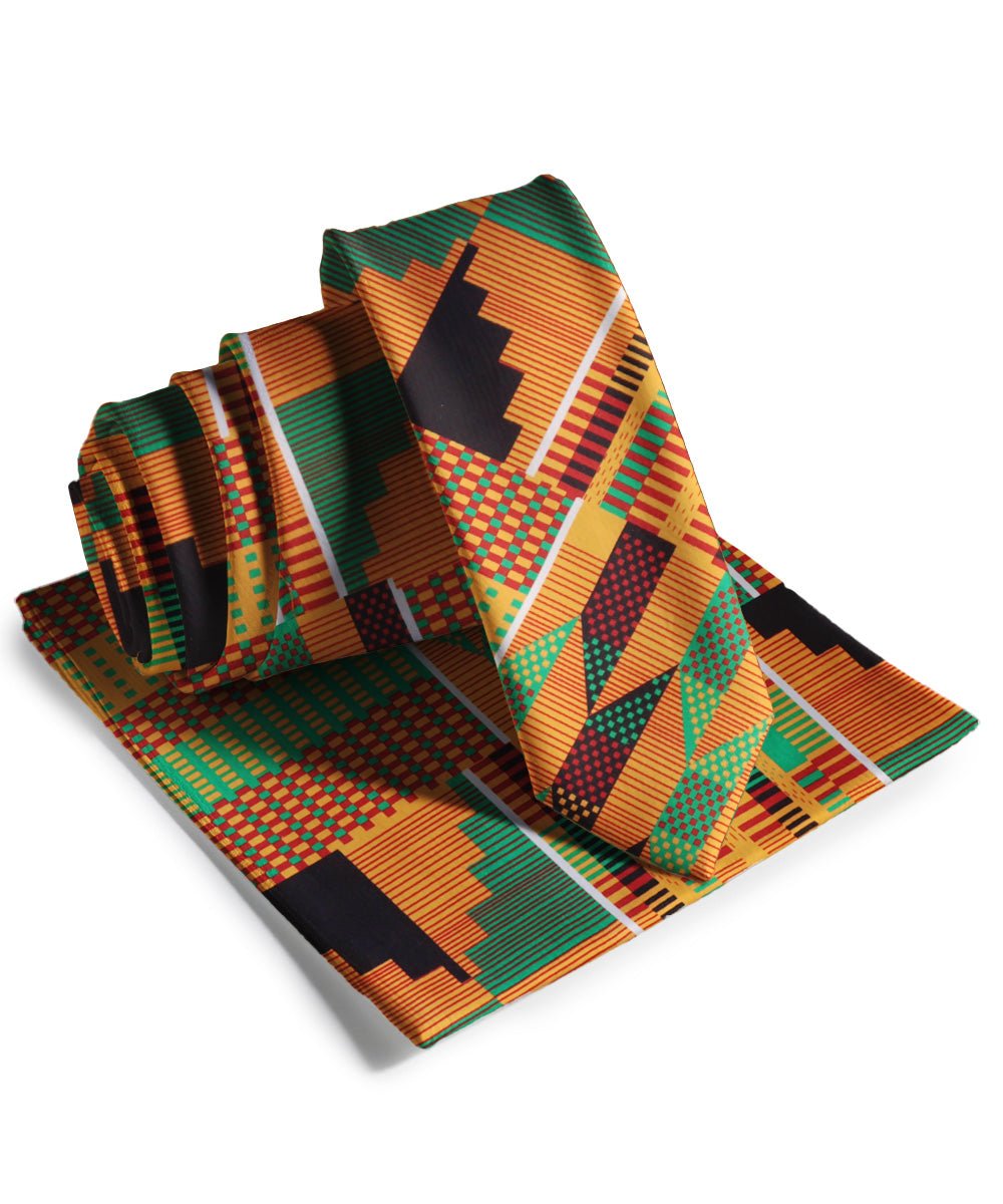 Vittorio Farina Men's Kente Satin Necktie &amp; Pocket Square - NH - SKINNY - K_Kente 3 - Classy Cufflinks