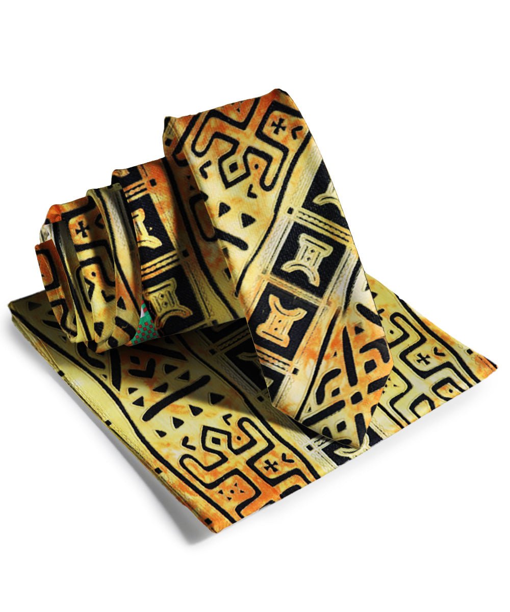 Vittorio Farina Men's Kente Satin Necktie &amp; Pocket Square - NH - SKINNY - K_Kente 4 - Classy Cufflinks