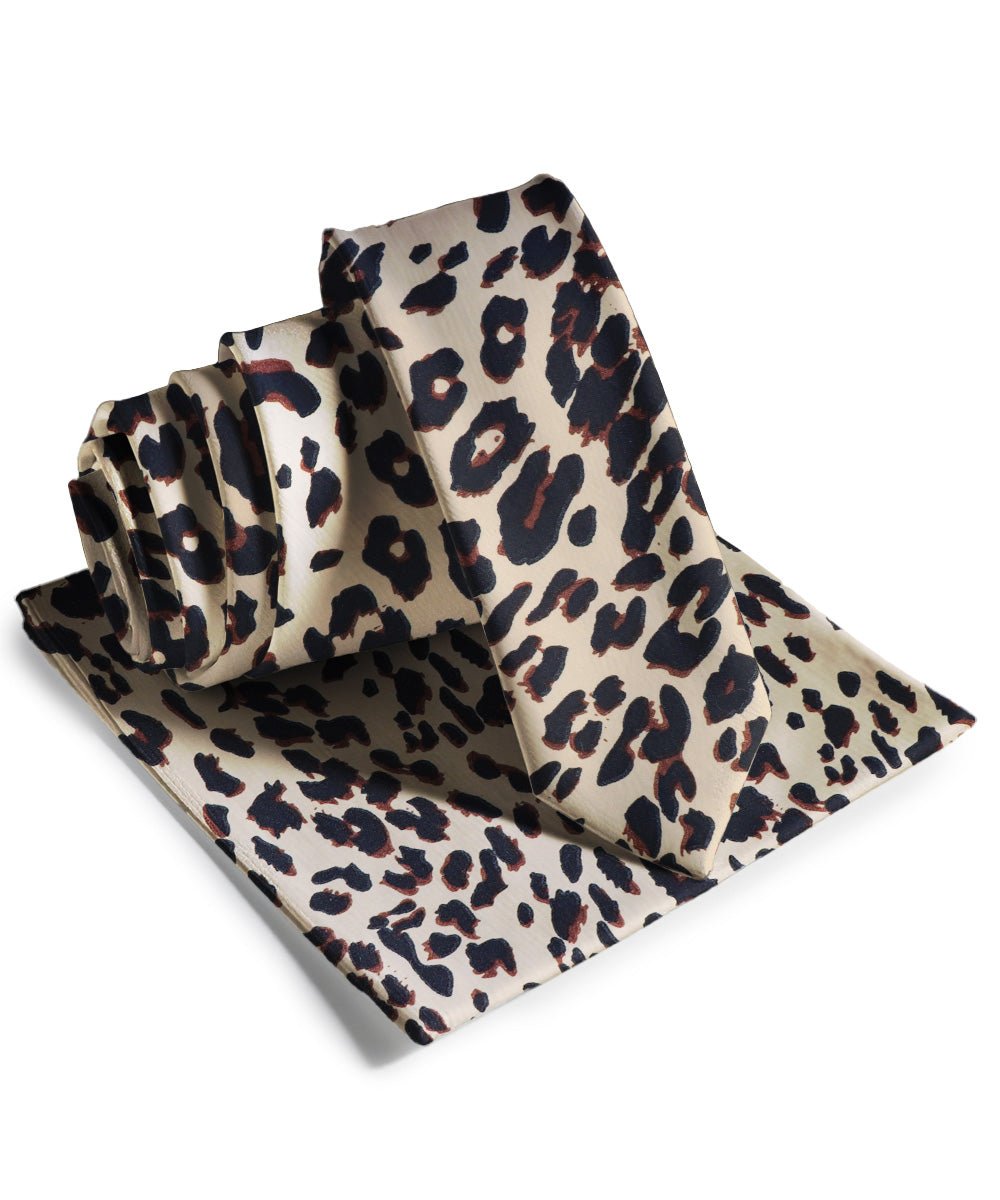 Vittorio Farina Men's Kente Satin Necktie &amp; Pocket Square - NH - SKINNY - K_Leopard - Classy Cufflinks