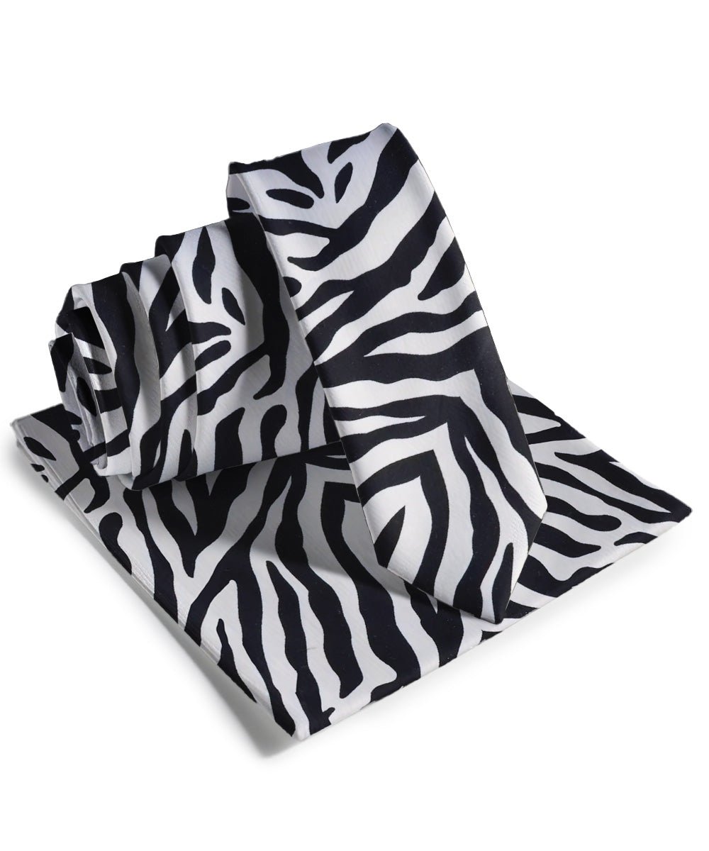 Vittorio Farina Men's Kente Satin Necktie &amp; Pocket Square - NH - SKINNY - K_Zebra - Classy Cufflinks