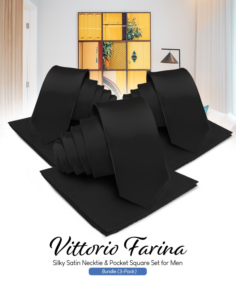 Vittorio Farina Solid Satin Necktie &amp; Pocket Square Multipacks - NH - SOLID - 3_BLACK - Classy Cufflinks
