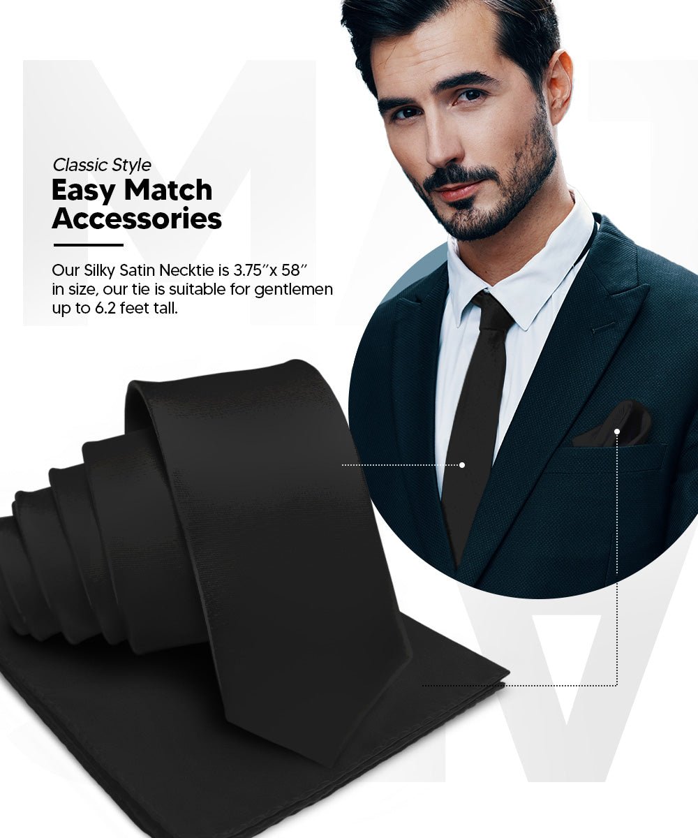 Vittorio Farina Solid Satin Necktie &amp; Pocket Square Multipacks - NH - SOLID - 3_BLACK - Classy Cufflinks