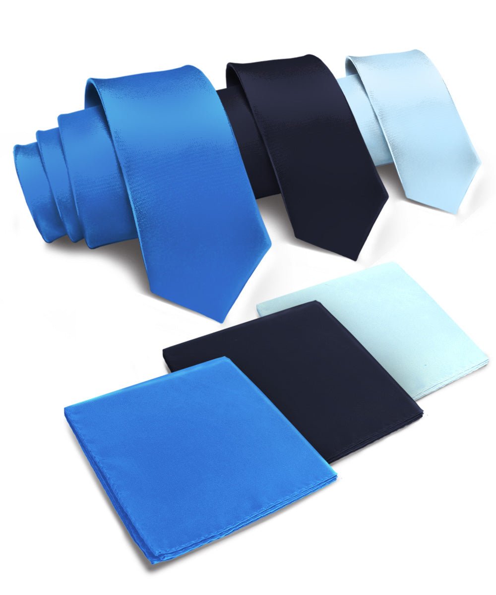 Vittorio Farina Solid Satin Necktie &amp; Pocket Square Multipacks - NH - SOLID - 3_BLUE - Classy Cufflinks