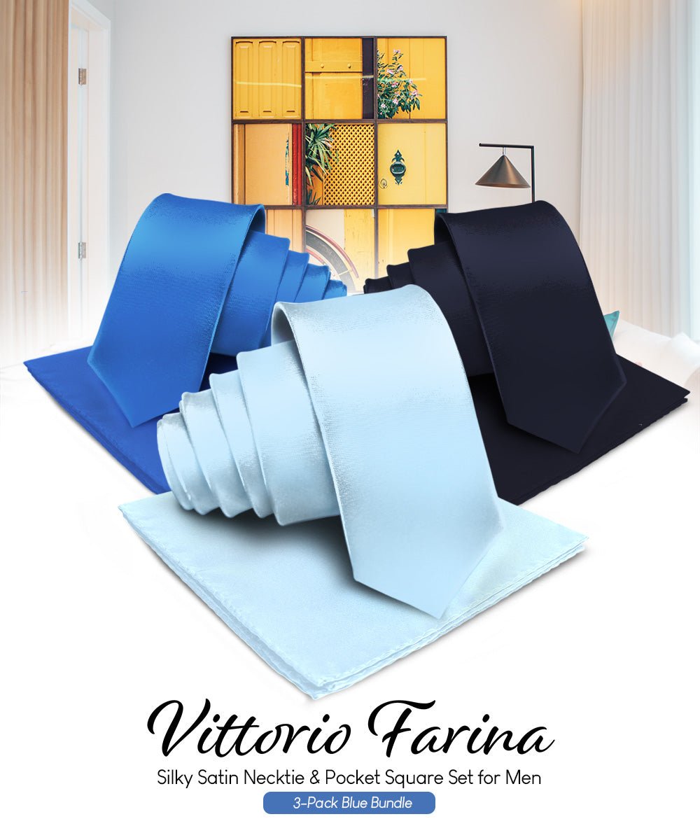 Vittorio Farina Solid Satin Necktie &amp; Pocket Square Multipacks - NH - SOLID - 3_BLUE - Classy Cufflinks