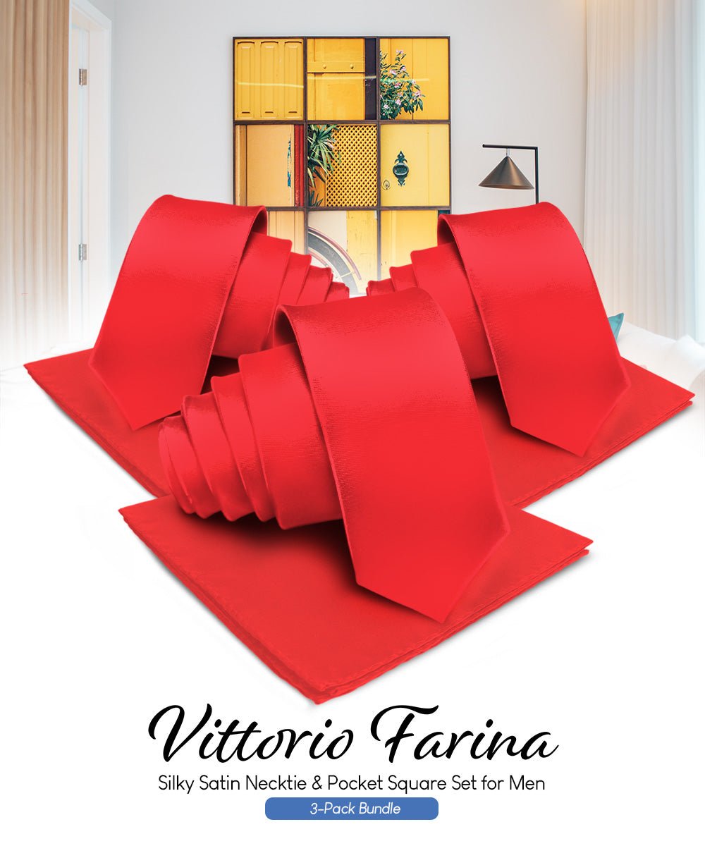 Vittorio Farina Solid Satin Necktie &amp; Pocket Square Multipacks - NH - SOLID - 3_RED - Classy Cufflinks