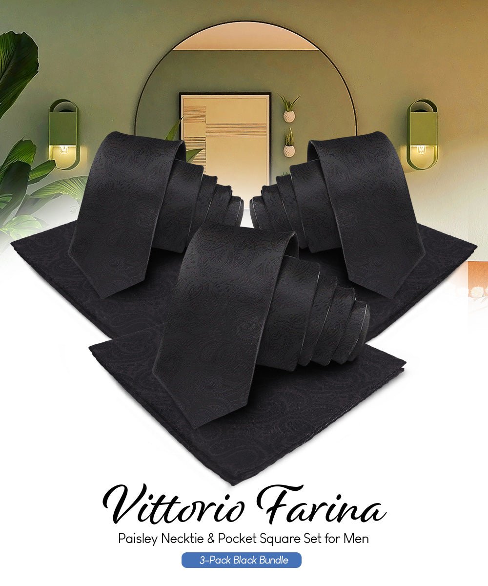 Vittorio Farina Woven Paisley Necktie &amp; Pocket Square Multipacks - NH - WP - 3_BLACK - Classy Cufflinks