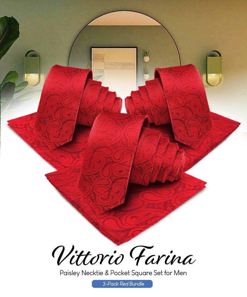 Vittorio Farina Woven Paisley Necktie &amp; Pocket Square Multipacks - NH - WP - 3_RED - Classy Cufflinks