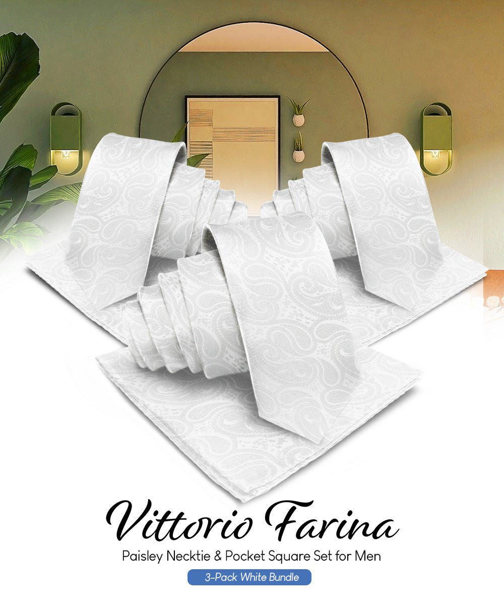 Vittorio Farina Woven Paisley Necktie &amp; Pocket Square Multipacks - NH - WP - 3_WHITE - Classy Cufflinks