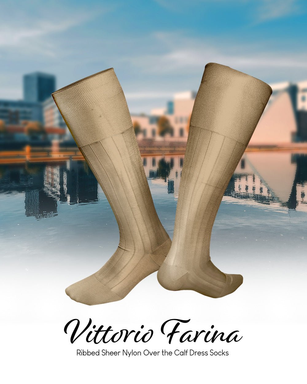 Vittorio Farina Men's Ribbed Shear Nylon Over The Calf Dress Socks - o - c - beige - 3 - Classy Cufflinks