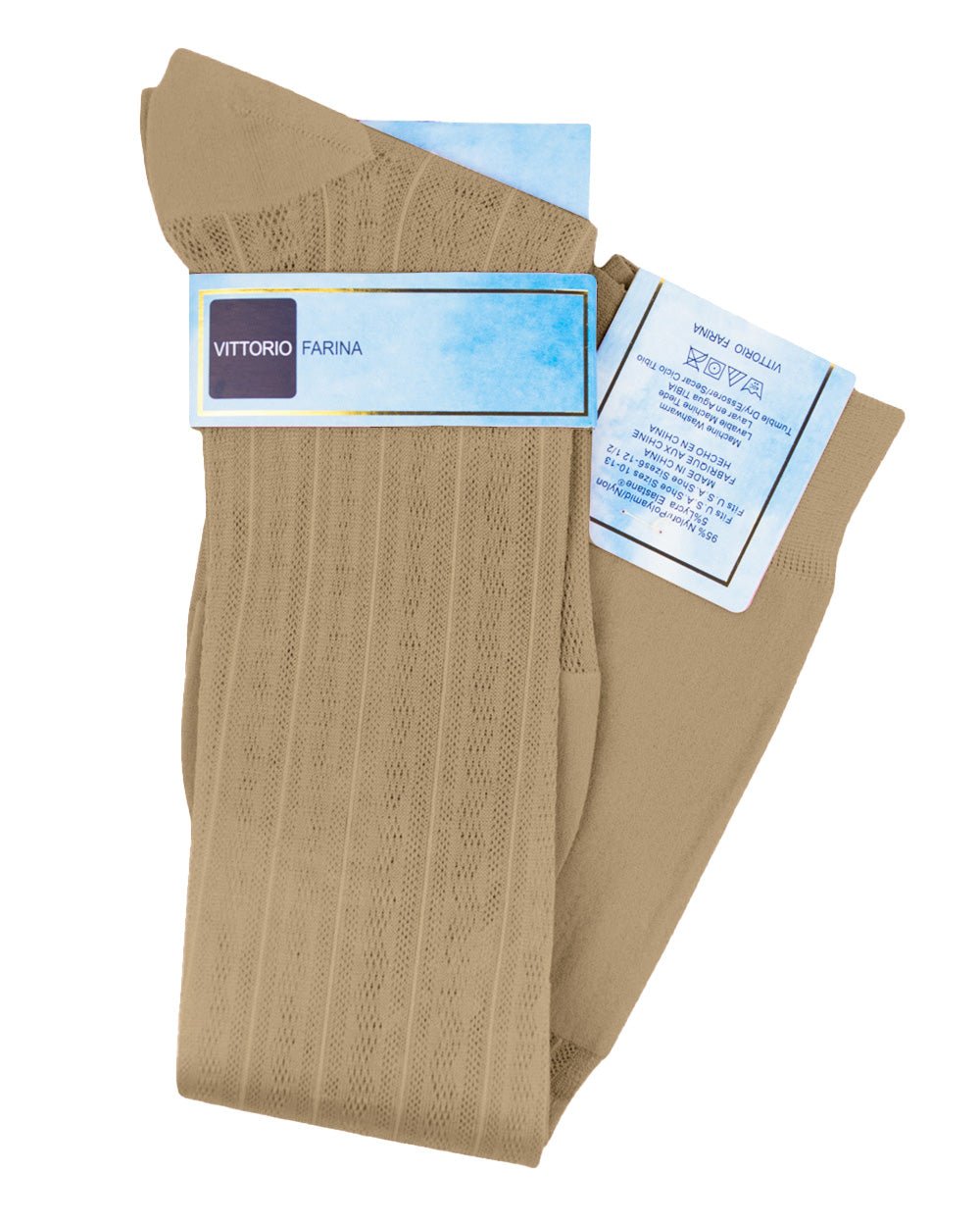 Vittorio Farina Men's Ribbed Shear Nylon Over The Calf Dress Socks - o - c - beige - 3 - Classy Cufflinks