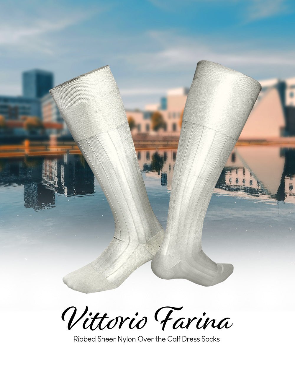 Vittorio Farina Men's Ribbed Shear Nylon Over The Calf Dress Socks - o - c - ivory - 3 - Classy Cufflinks