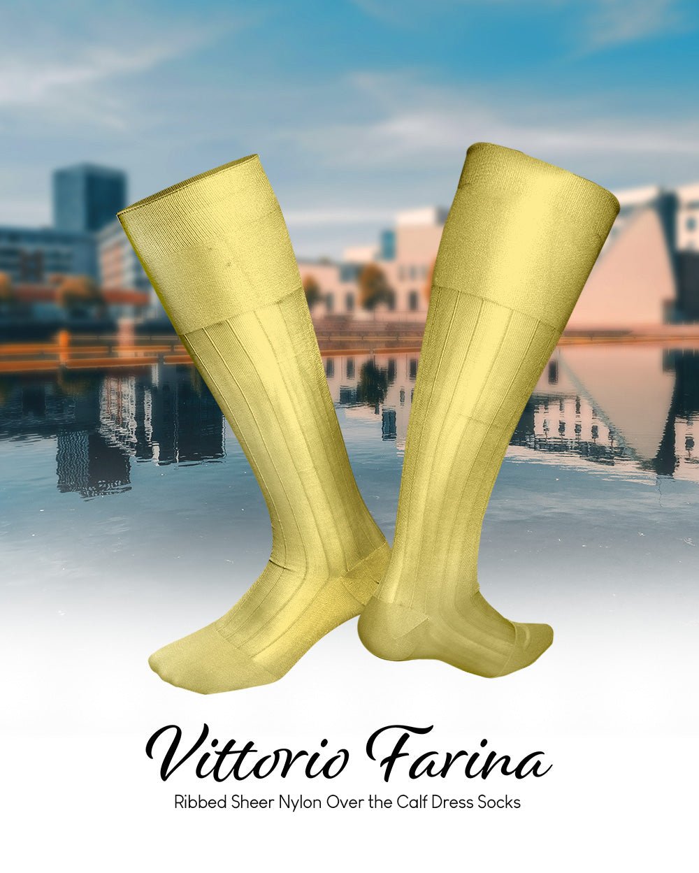 Vittorio Farina Men's Ribbed Shear Nylon Over The Calf Dress Socks - o - c - maize - 3 - Classy Cufflinks