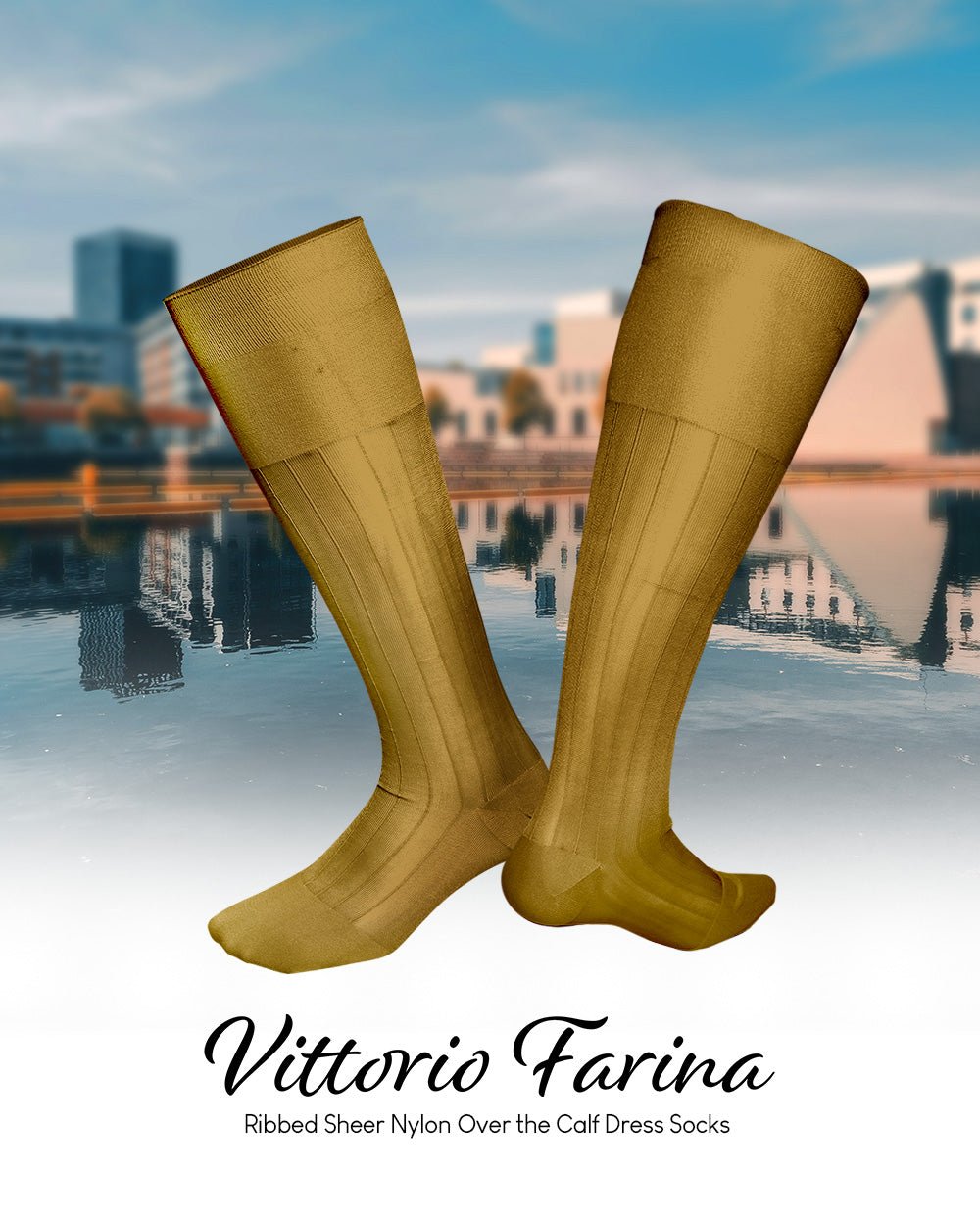Vittorio Farina Men's Ribbed Shear Nylon Over The Calf Dress Socks - o - c - mustard - 3 - Classy Cufflinks