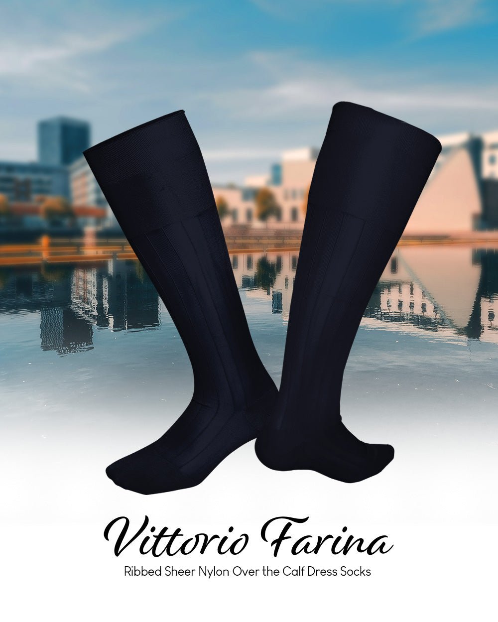 Vittorio Farina Men's Ribbed Shear Nylon Over The Calf Dress Socks - o - c - navy - 3 - Classy Cufflinks